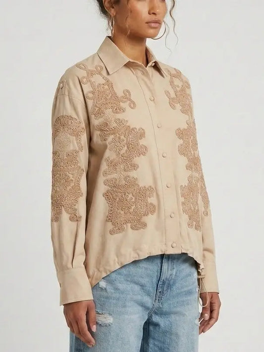 Beige Embroidered Silk Shirt with Drawstring Waist - Tops
