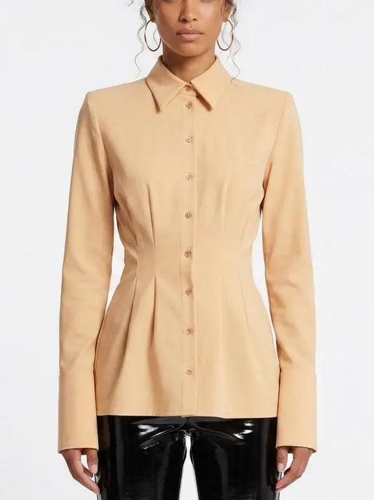 Beige Fitted Button Front Shirt with Shaped Waist - Tops