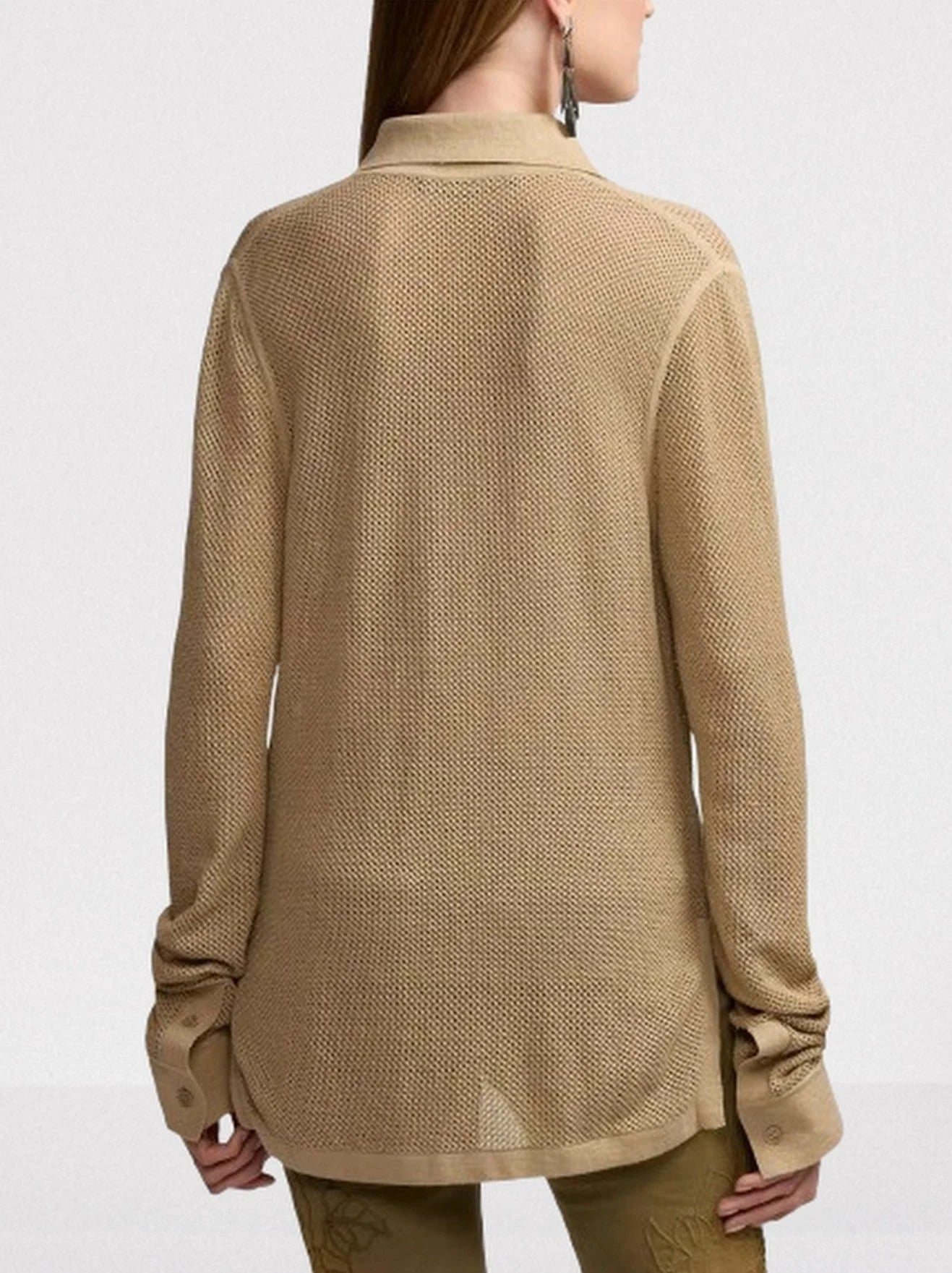Beige Linen Blend Mesh Shirt Tops