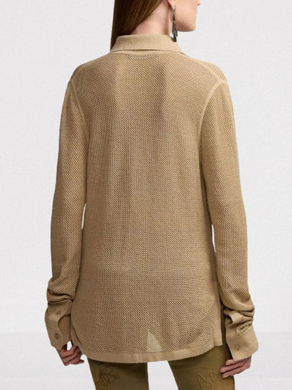 Beige Linen Blend Mesh Shirt Tops