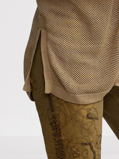 Beige Linen Blend Mesh Shirt Tops