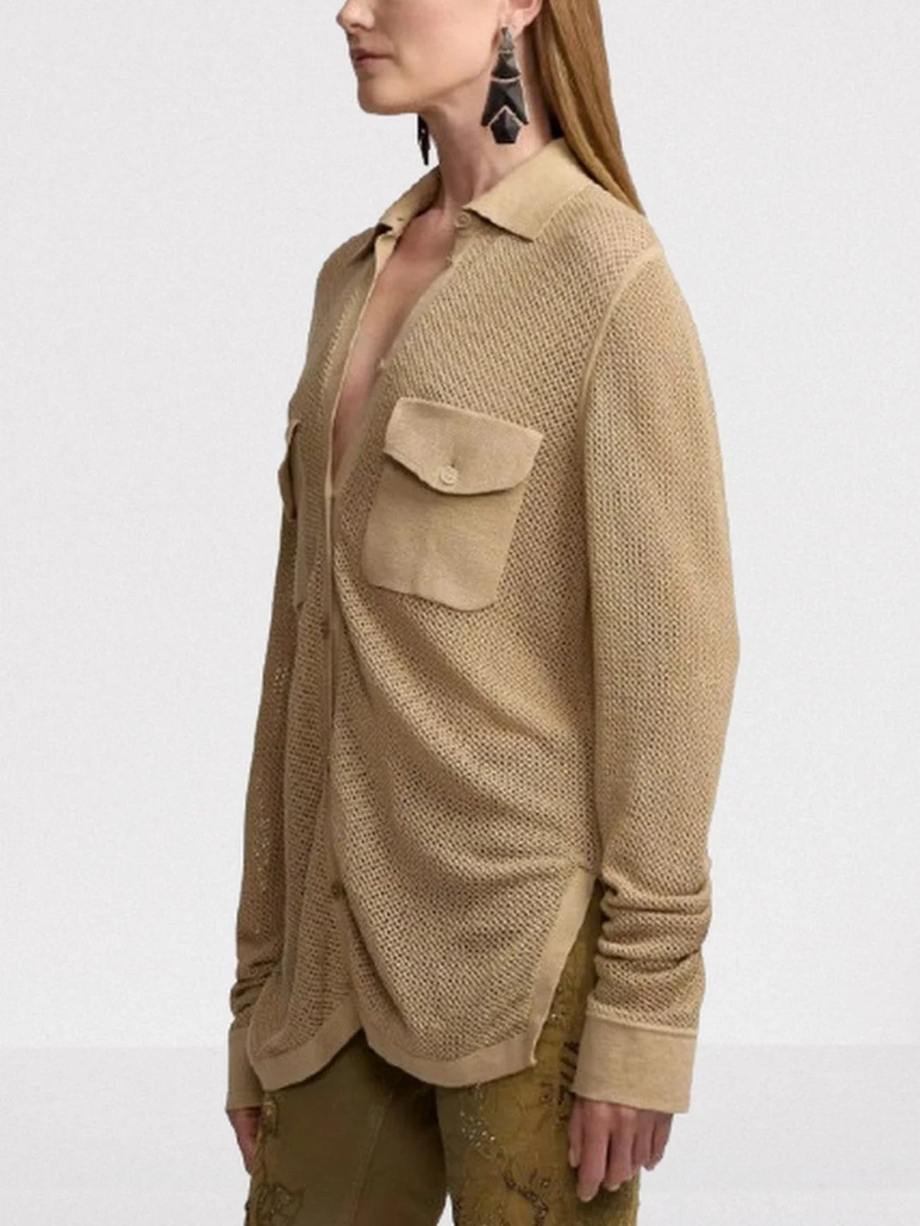 Beige Linen Blend Mesh Shirt Tops