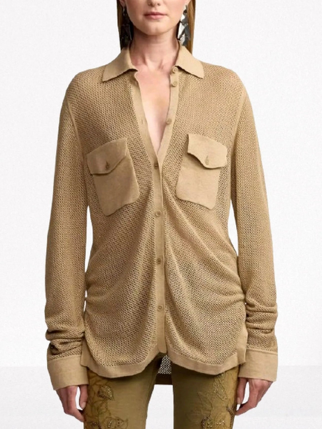 Beige Linen Blend Mesh Shirt Tops