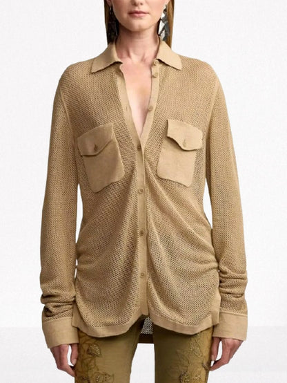 Beige Linen Blend Mesh Shirt Tops