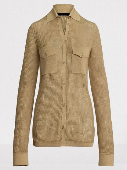 Beige Linen Blend Mesh Shirt Tops