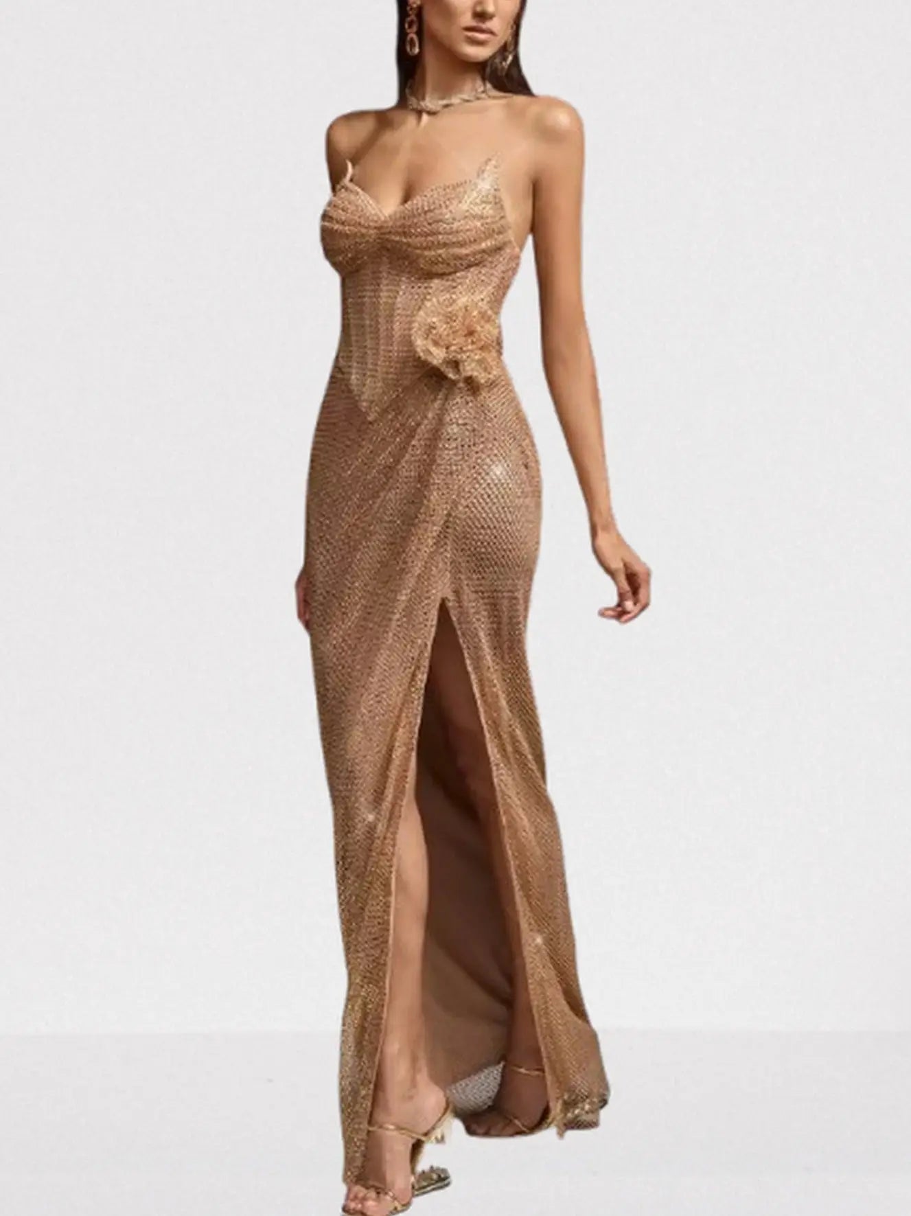 Beige Net Corset Gown with Gold Sequins - Dresses