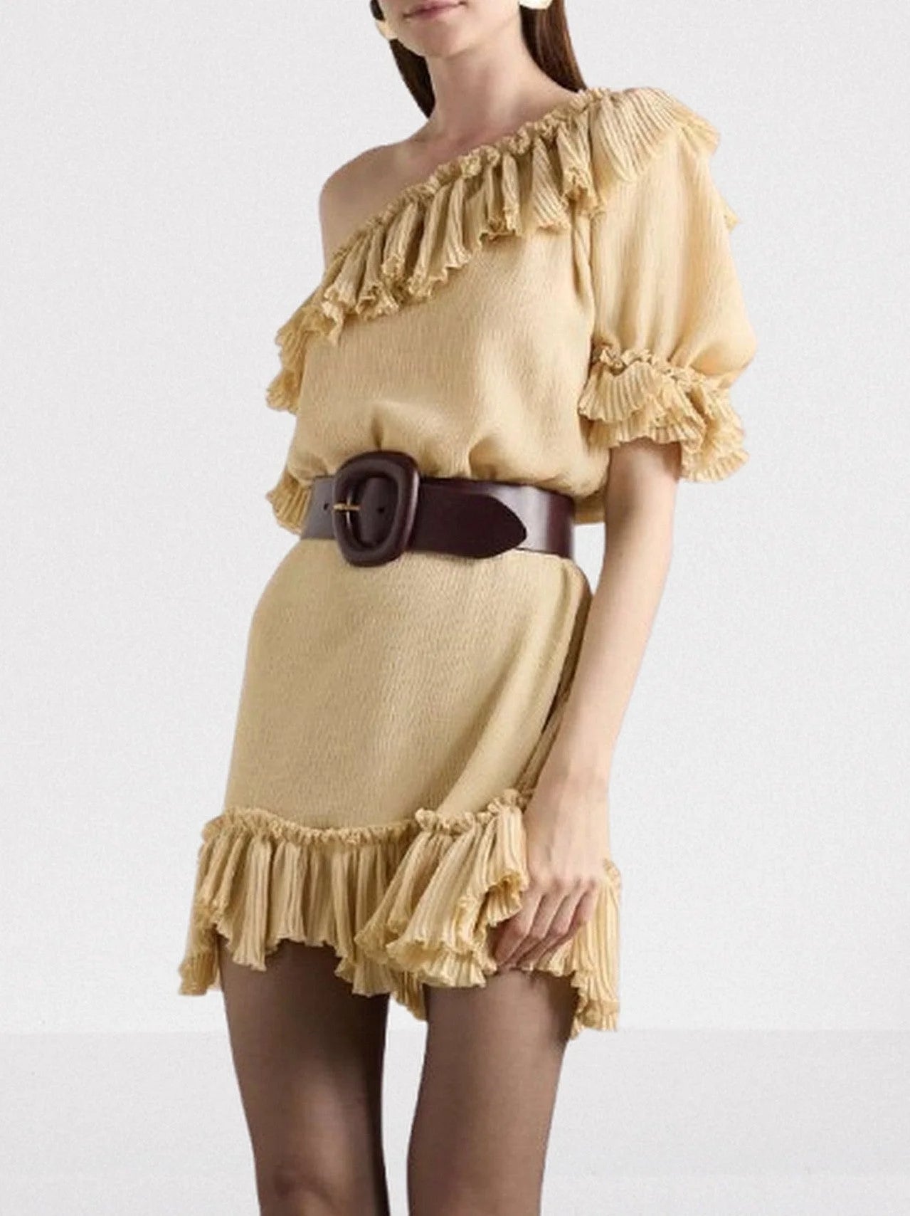 Beige One-Shoulder Ruffled Mini Dress - Dresses