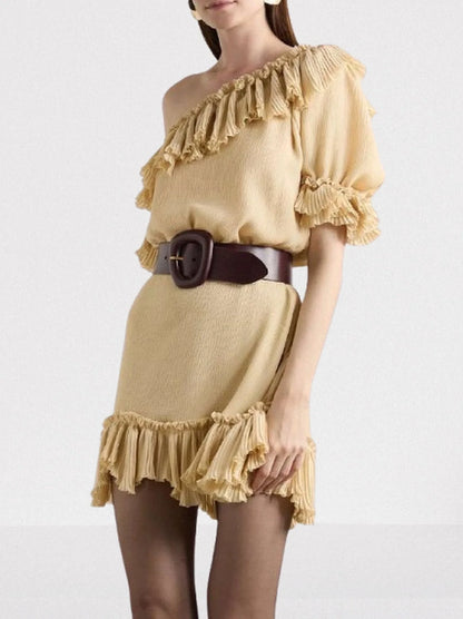 Beige One-Shoulder Ruffled Mini Dress - Dresses