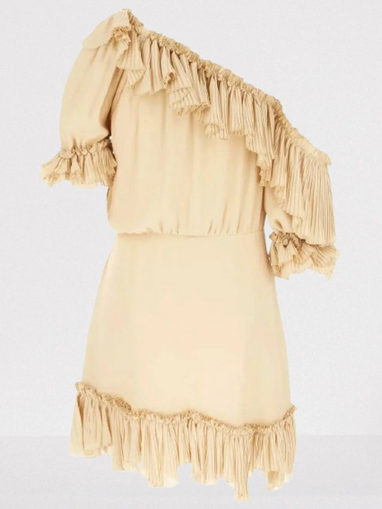 Beige One-Shoulder Ruffled Mini Dress - Dresses