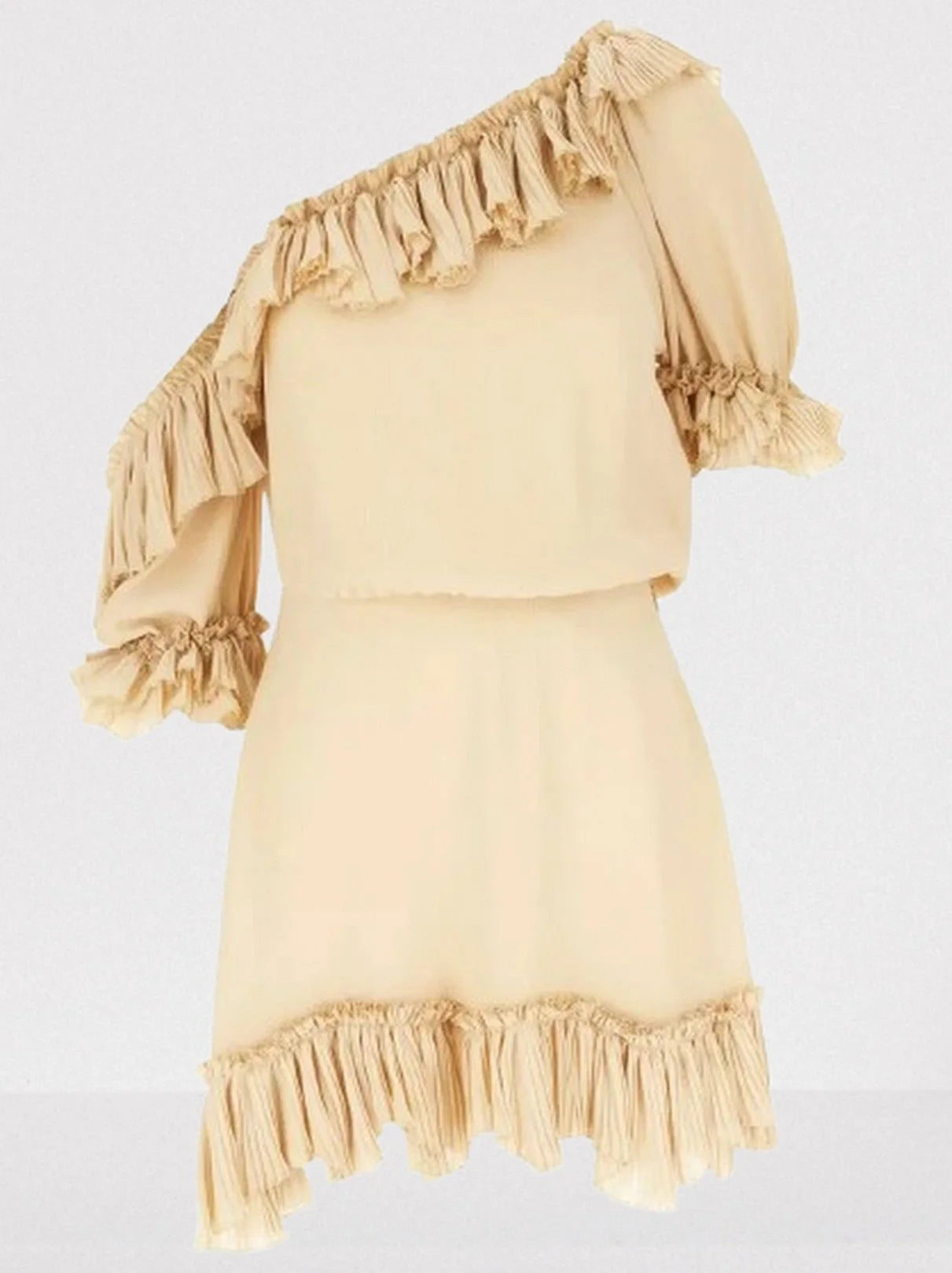 Beige One-Shoulder Ruffled Mini Dress - Dresses