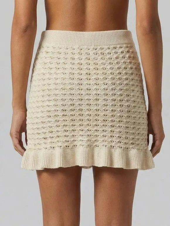 Beige Pointelle Knit Drawstring Mini Skirt - Skirts