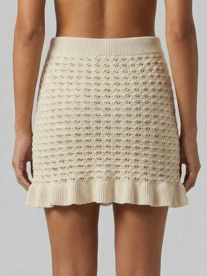 Beige Pointelle Knit Drawstring Mini Skirt - Skirts
