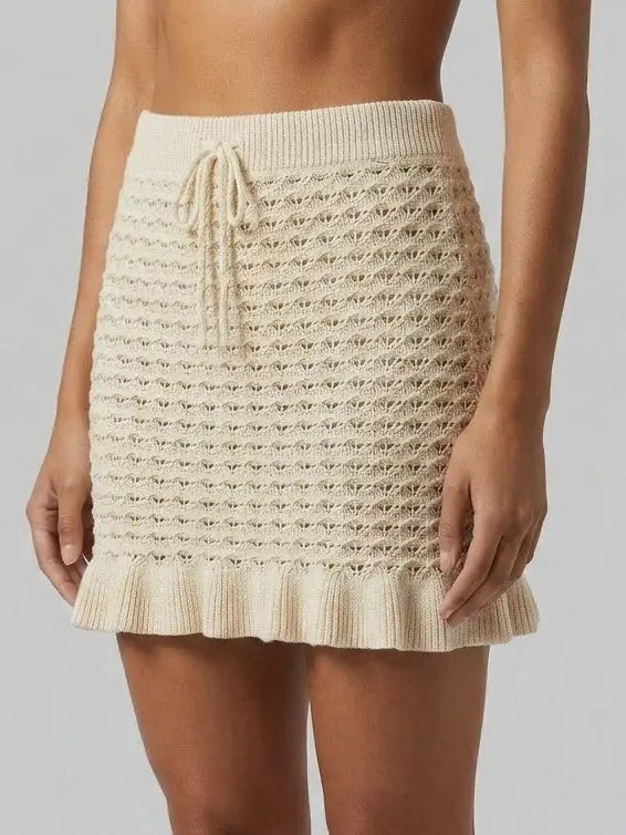 Beige Pointelle Knit Drawstring Mini Skirt - Skirts