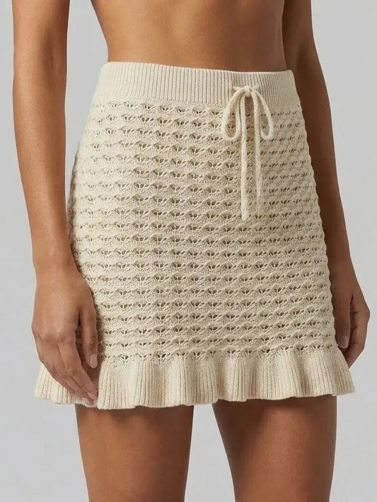 Beige Pointelle Knit Drawstring Mini Skirt - Skirts