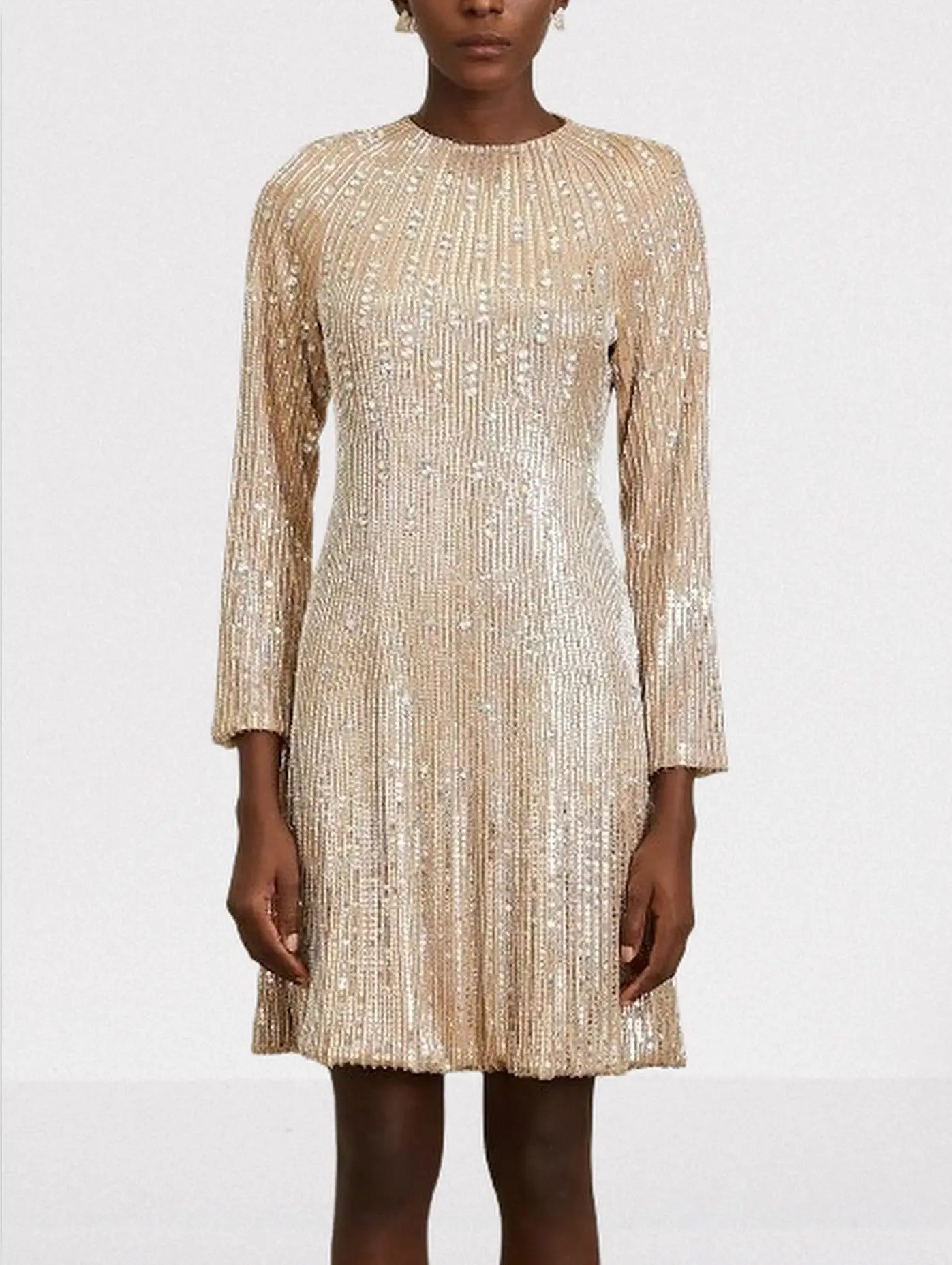 Beige Sequin-Embellished Mini Dress - Dresses