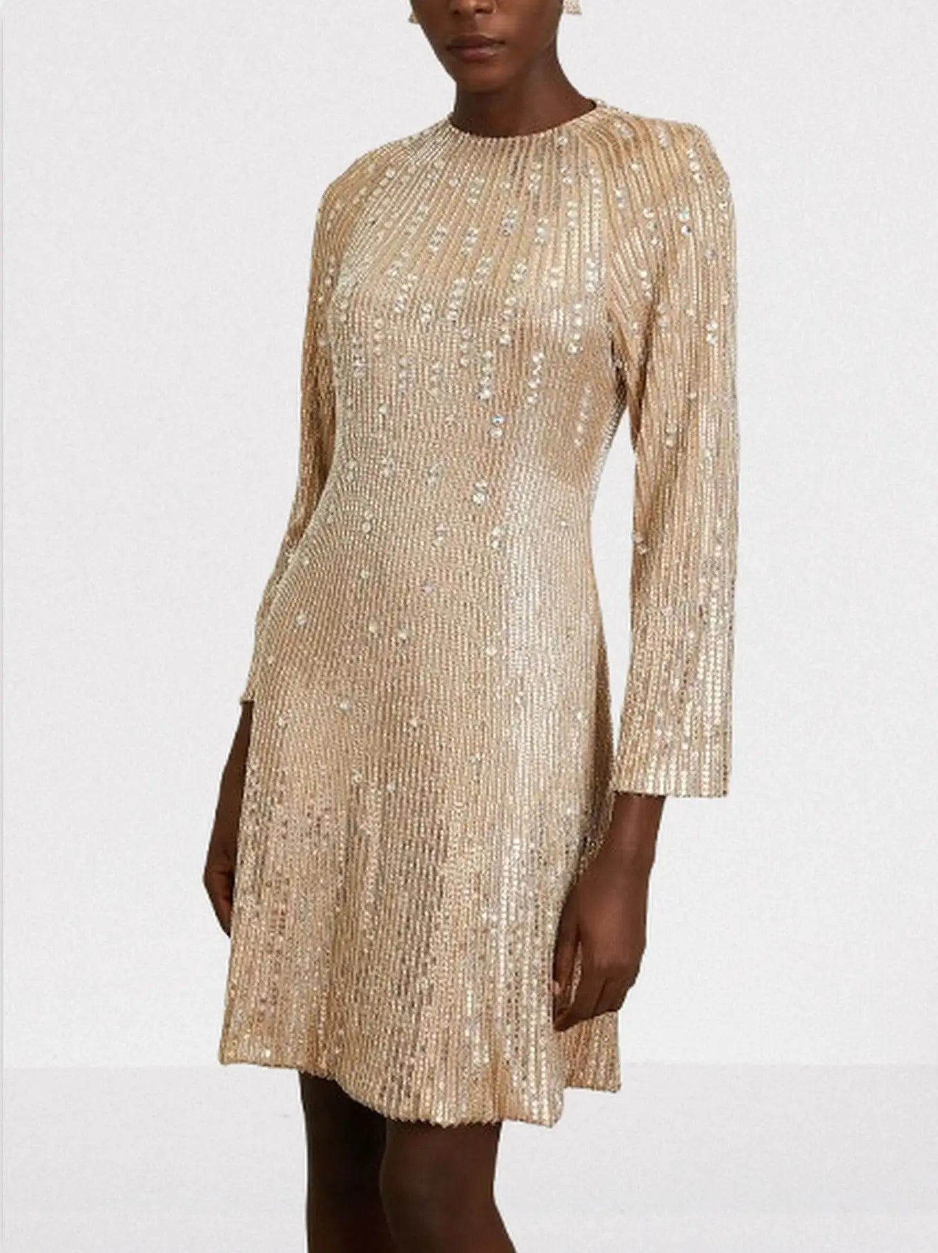 Beige Sequin-Embellished Mini Dress - Dresses