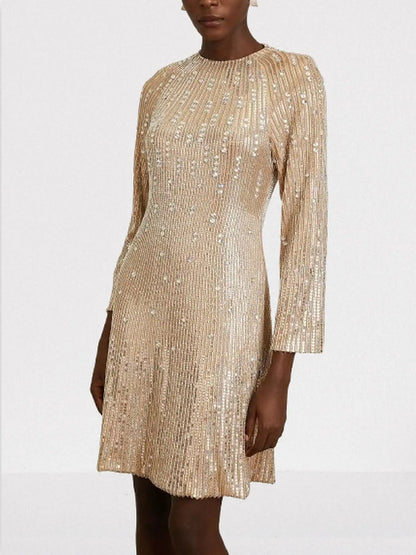 Beige Sequin-Embellished Mini Dress - Dresses