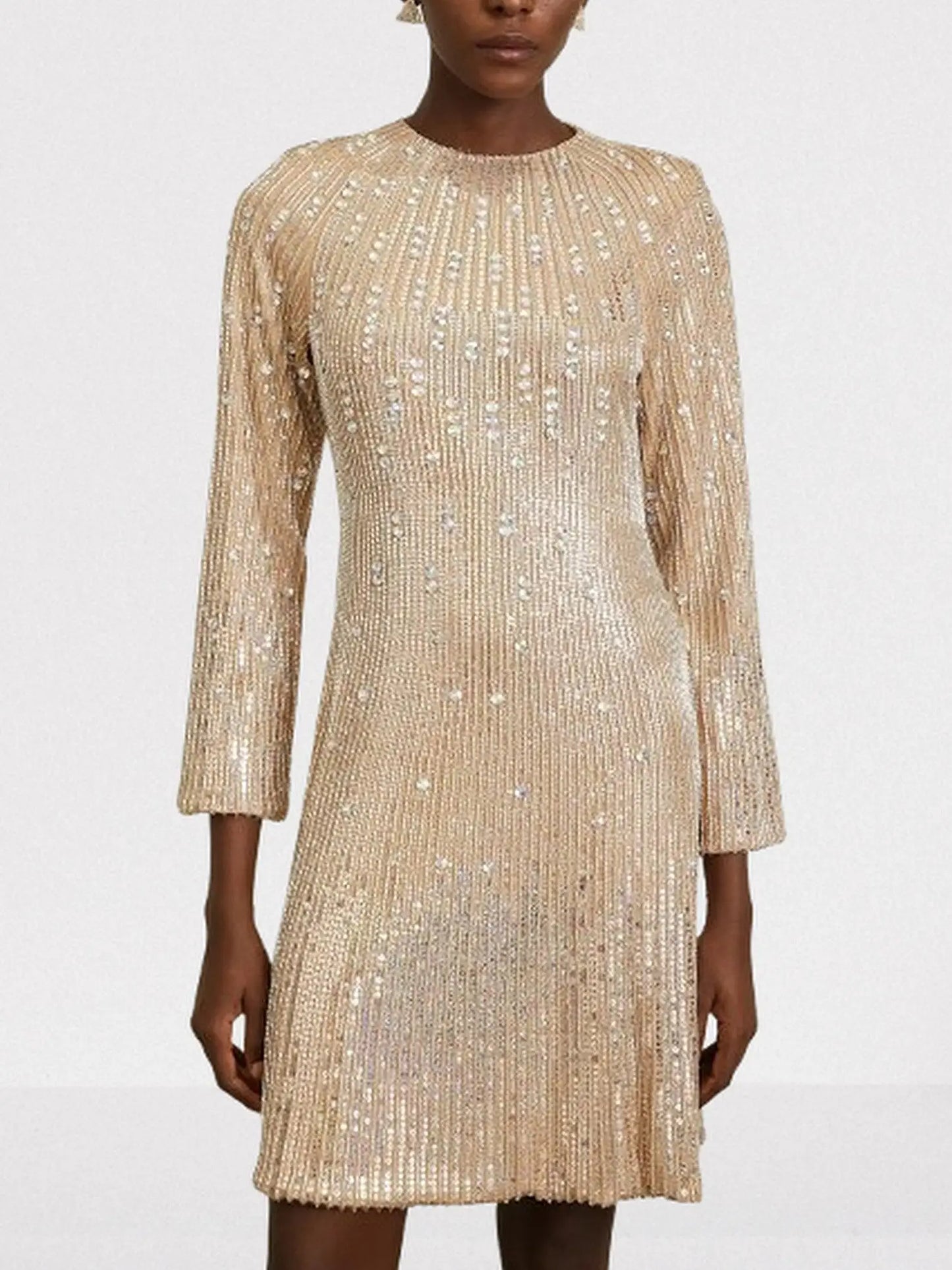Beige Sequin-Embellished Mini Dress - Dresses