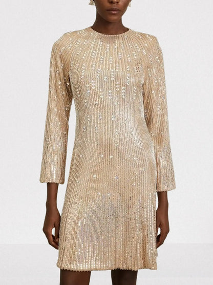 Beige Sequin-Embellished Mini Dress - Dresses