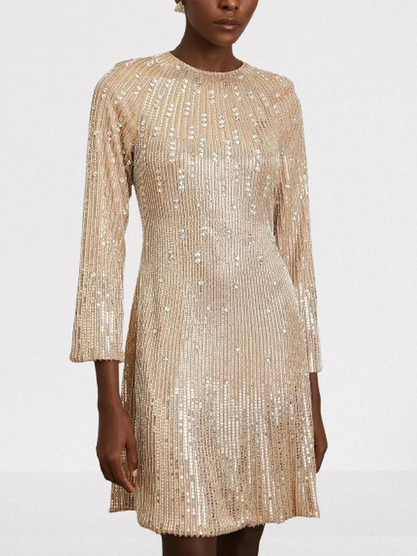 Beige Sequin-Embellished Mini Dress - Dresses