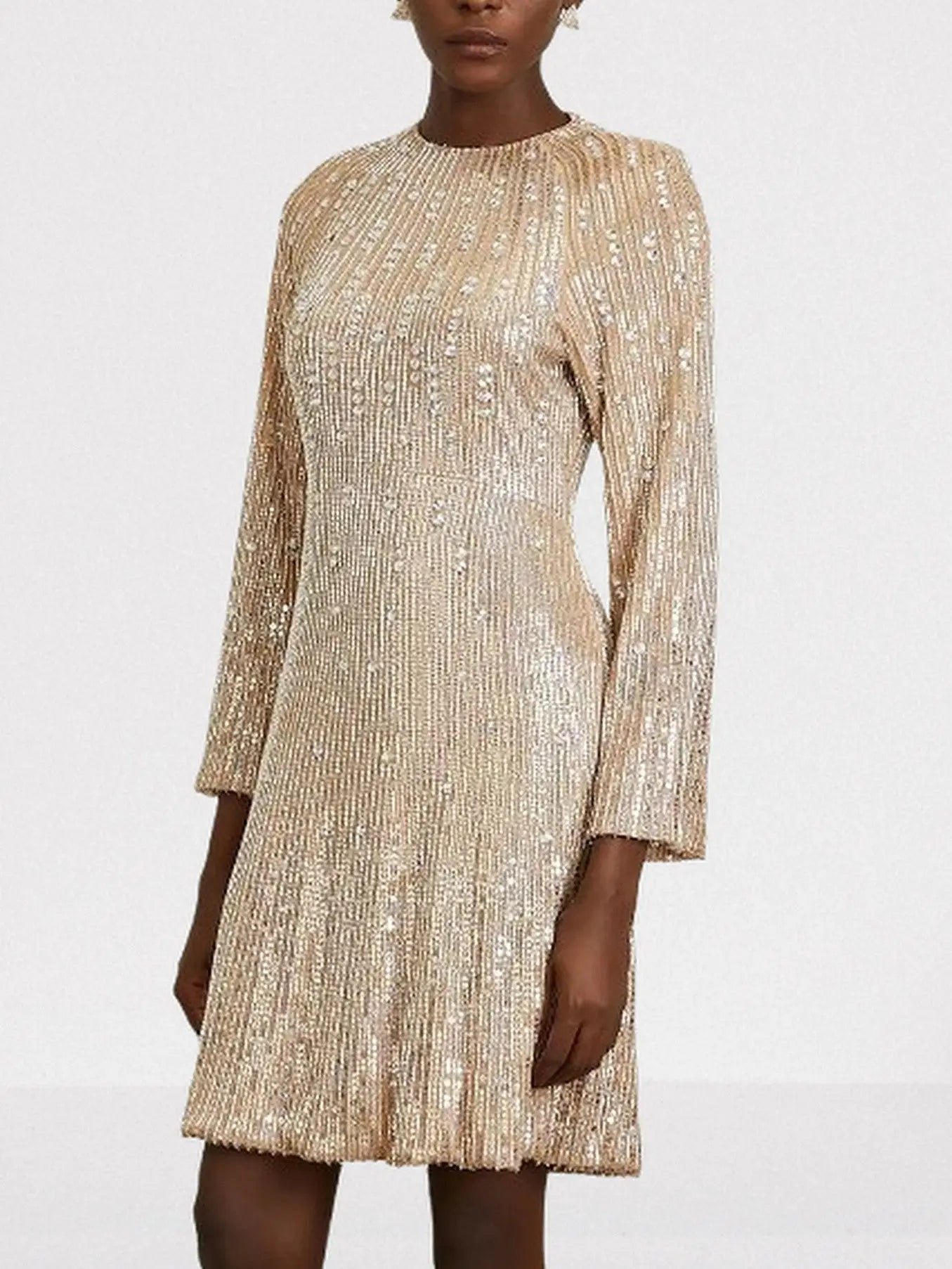 Beige Sequin-Embellished Mini Dress - Dresses