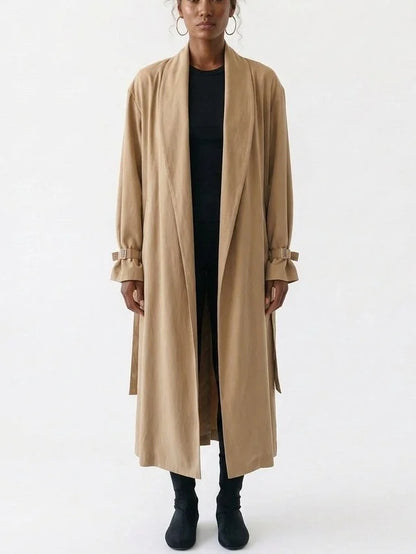 Beige Shawl Collar Belted Trench Coat - Coats