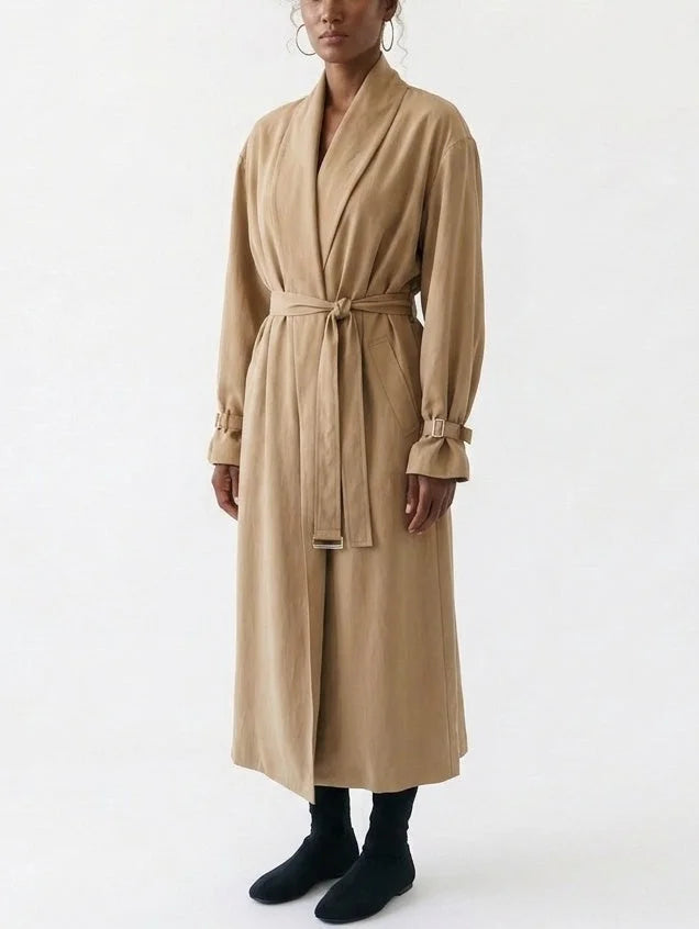 Beige Shawl Collar Belted Trench Coat - Coats