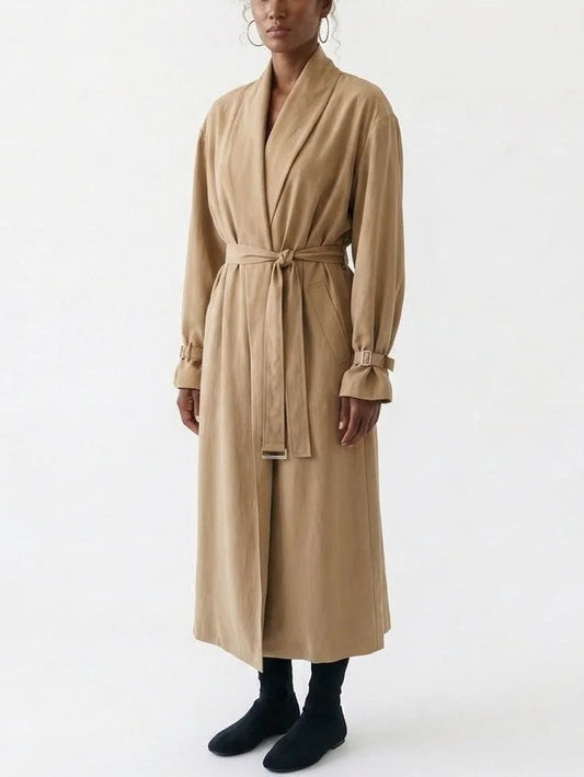 Beige Shawl Collar Belted Trench Coat - Coats