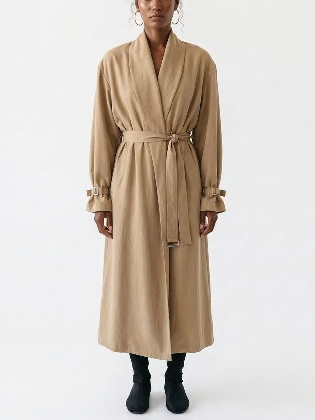 Beige Shawl Collar Belted Trench Coat - Coats