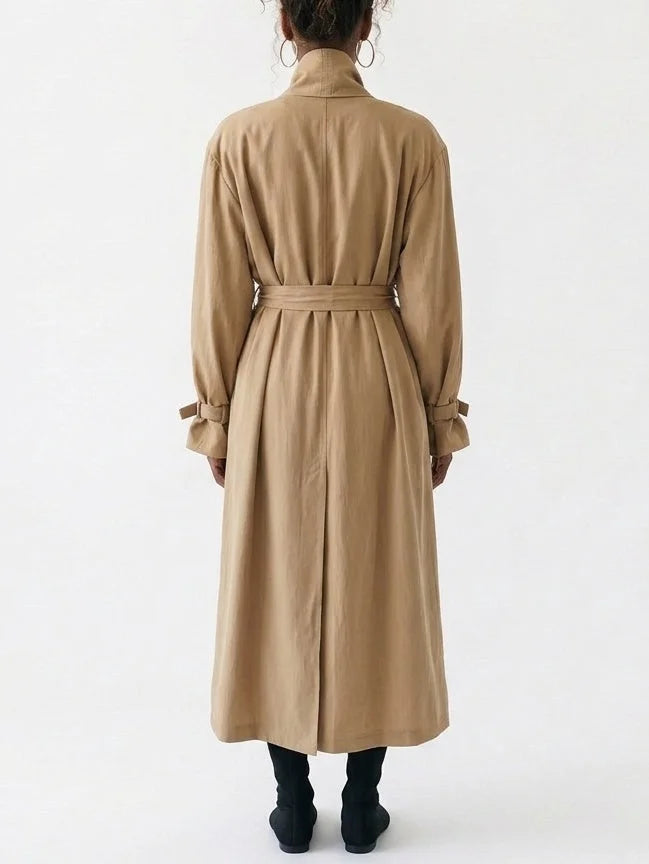 Beige Shawl Collar Belted Trench Coat - Coats