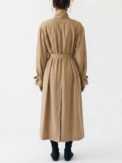 Beige Shawl Collar Belted Trench Coat - Coats