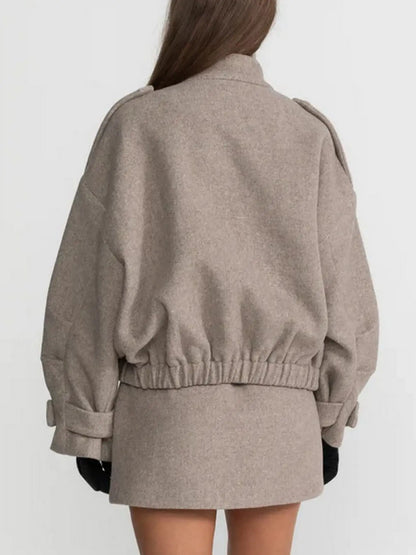 Beige Wool-Blend Bomber Jacket and Skirt Set - Suits & Sets