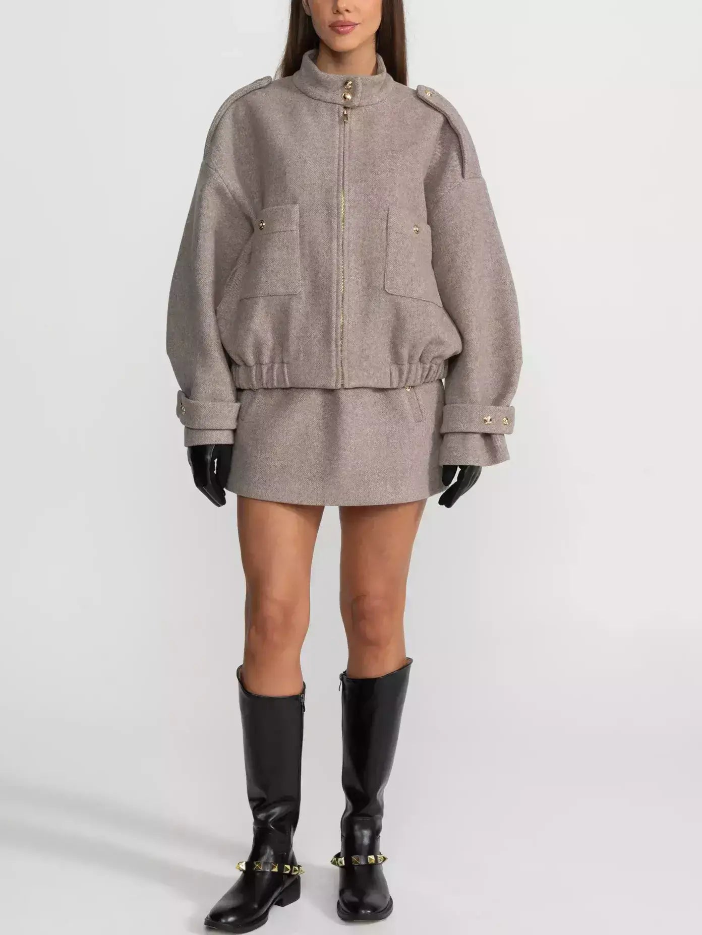 Beige Wool-Blend Bomber Jacket and Skirt Set - Suits & Sets