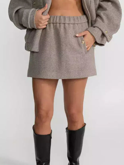 Beige Wool-Blend Bomber Jacket and Skirt Set - Suits & Sets