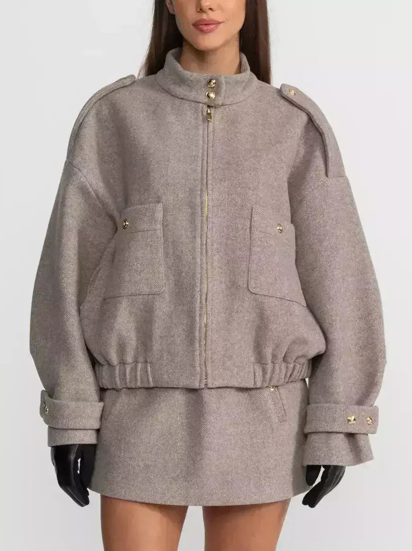 Beige Wool-Blend Bomber Jacket and Skirt Set - Suits & Sets