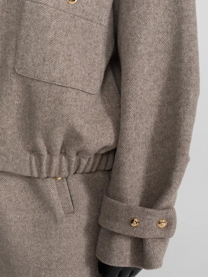 Beige Wool-Blend Bomber Jacket and Skirt Set - Suits & Sets