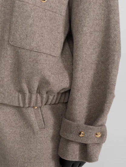 Beige Wool-Blend Bomber Jacket and Skirt Set - Suits & Sets