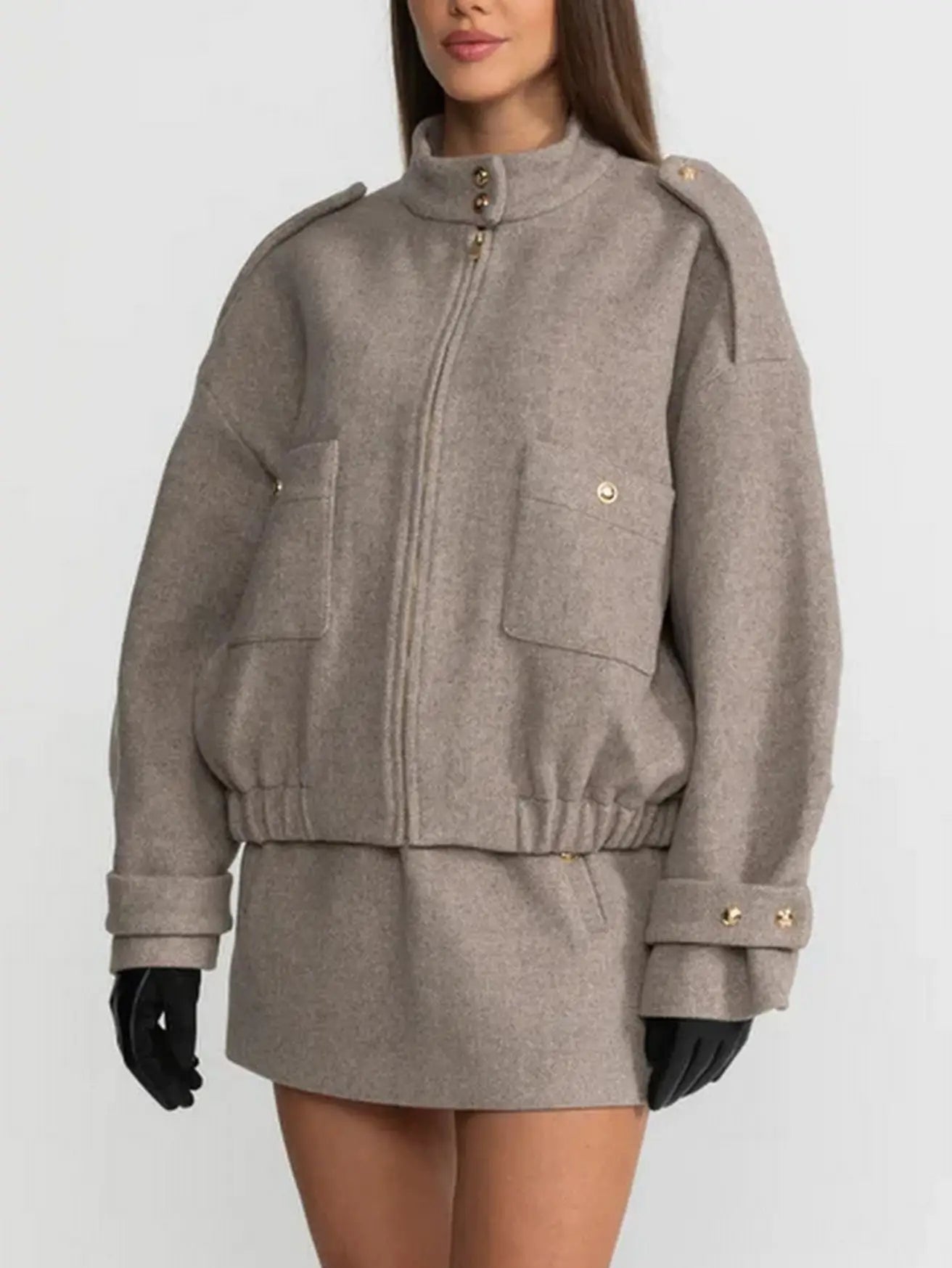 Beige Wool-Blend Bomber Jacket and Skirt Set - Suits & Sets