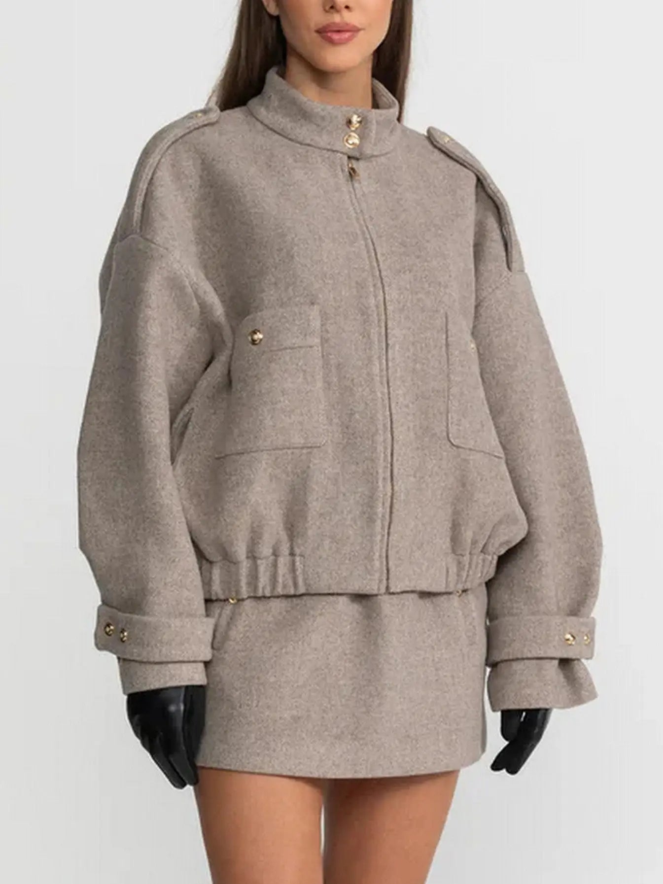 Beige Wool-Blend Bomber Jacket and Skirt Set - Suits & Sets