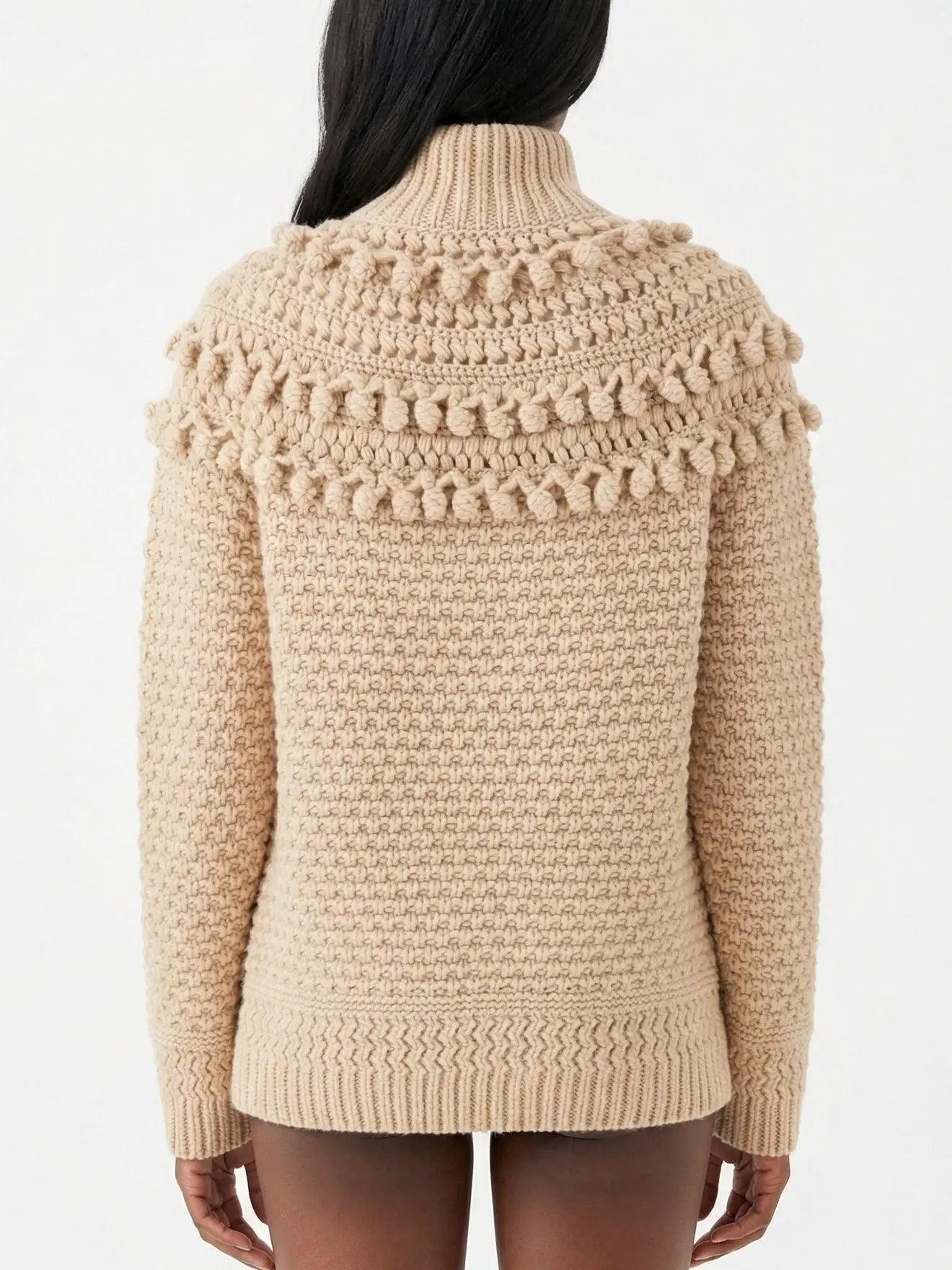 Beige Wool Turtleneck Sweater with Bobble Knit Detail - Sweaters & Knitwear