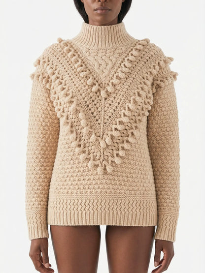 Beige Wool Turtleneck Sweater with Bobble Knit Detail - Sweaters & Knitwear