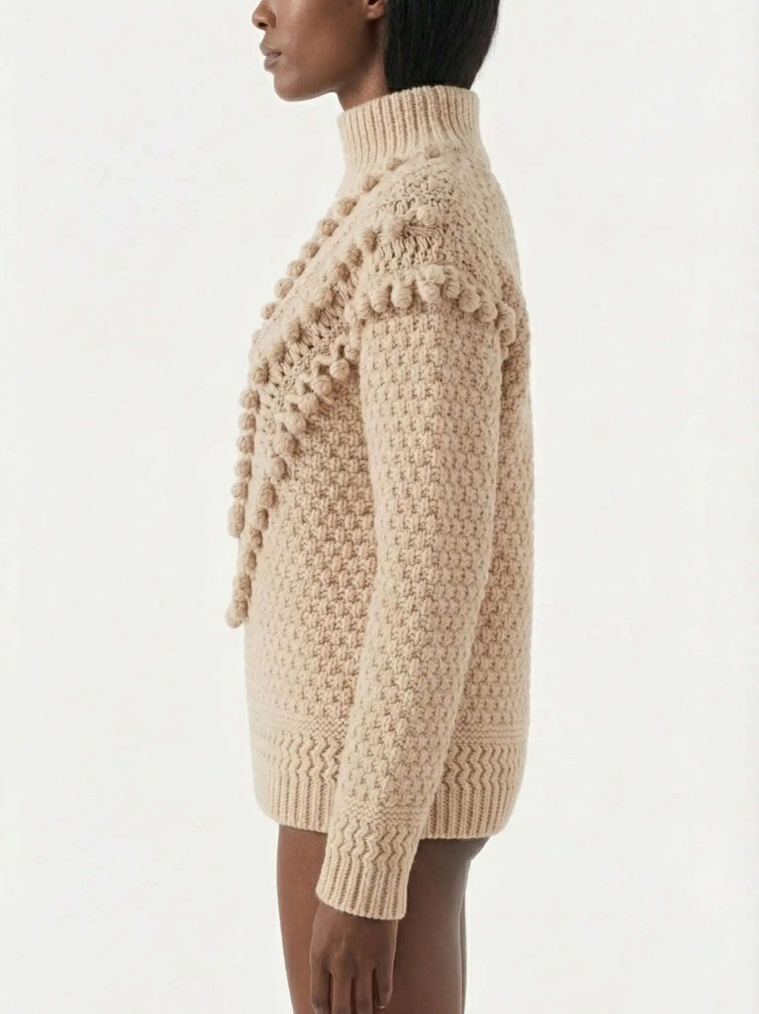Beige Wool Turtleneck Sweater with Bobble Knit Detail - Sweaters & Knitwear