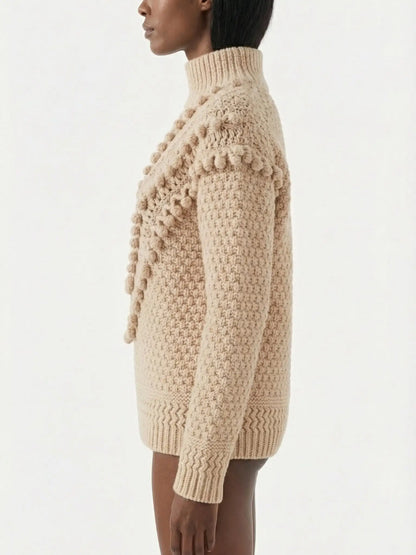 Beige Wool Turtleneck Sweater with Bobble Knit Detail - Sweaters & Knitwear
