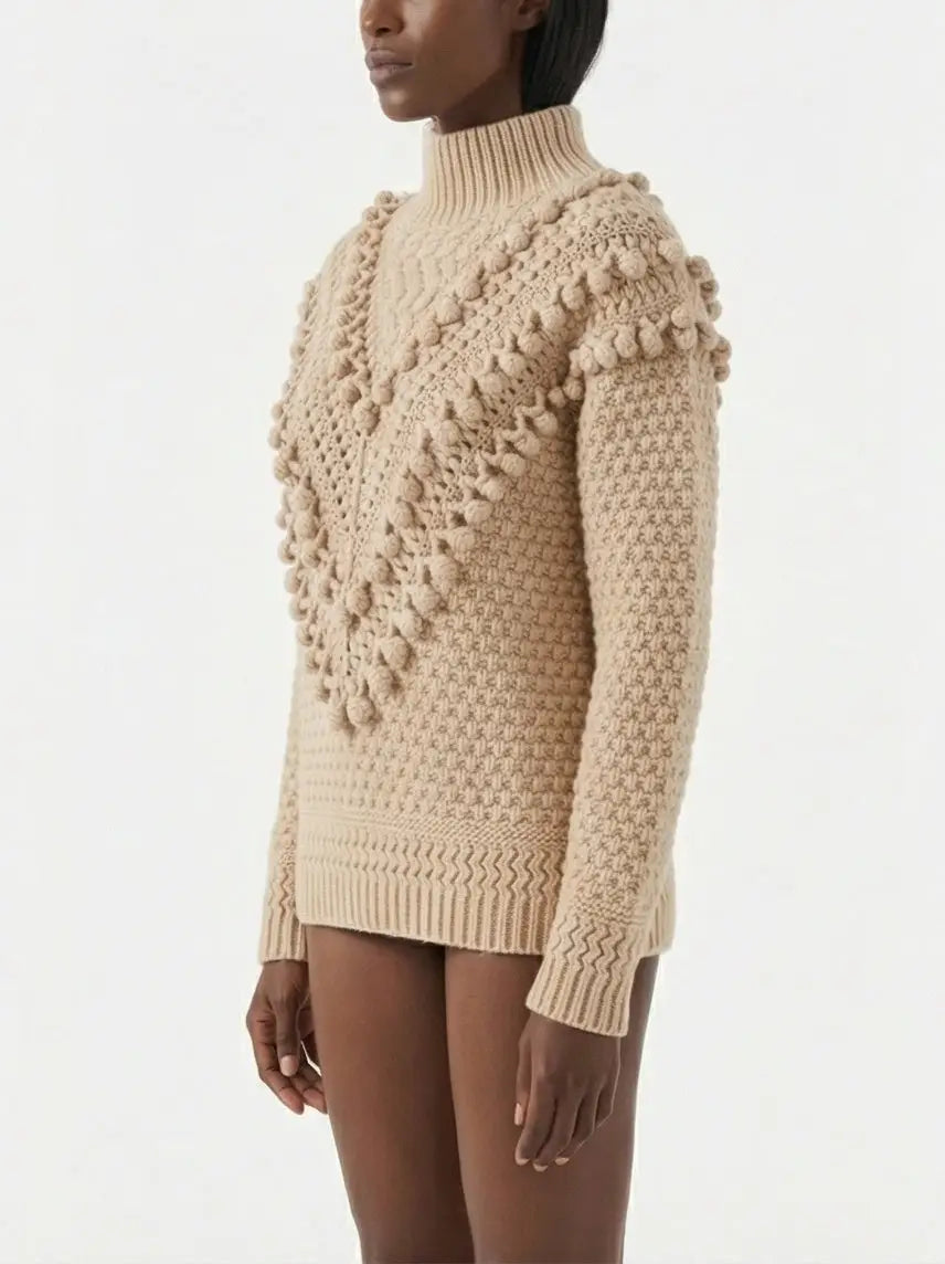 Beige Wool Turtleneck Sweater with Bobble Knit Detail - Sweaters & Knitwear