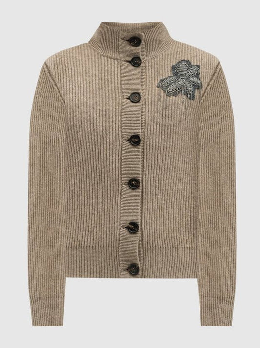 Beige Cashmere Cardigan with Floral Appliqué - Branna Couture