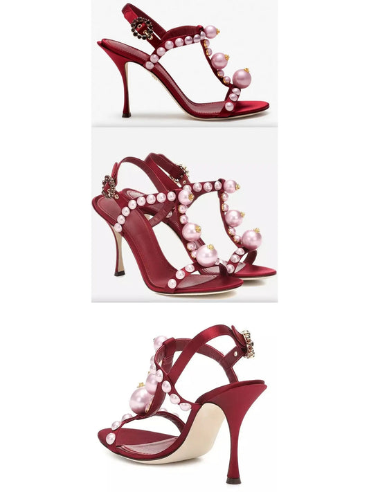 Bejeweled Satin Sandals With Pearl Embroidery In Red - Branna Couture