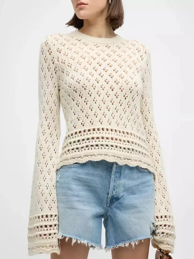 Bell-Sleeve Crochet Knit Ecru Sweater Branna Couture