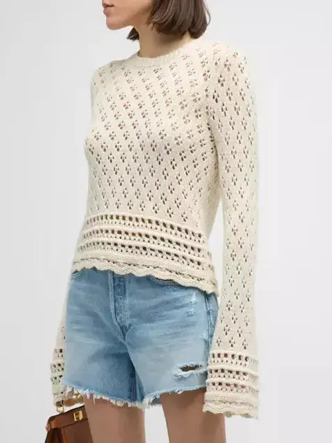 Bell-Sleeve Crochet Knit Ecru Sweater Branna Couture