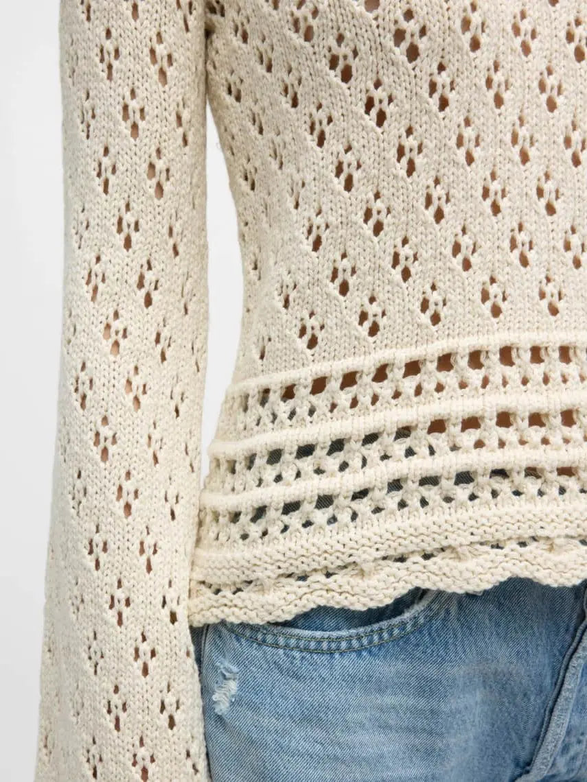 Bell-Sleeve Crochet Knit Ecru Sweater Branna Couture