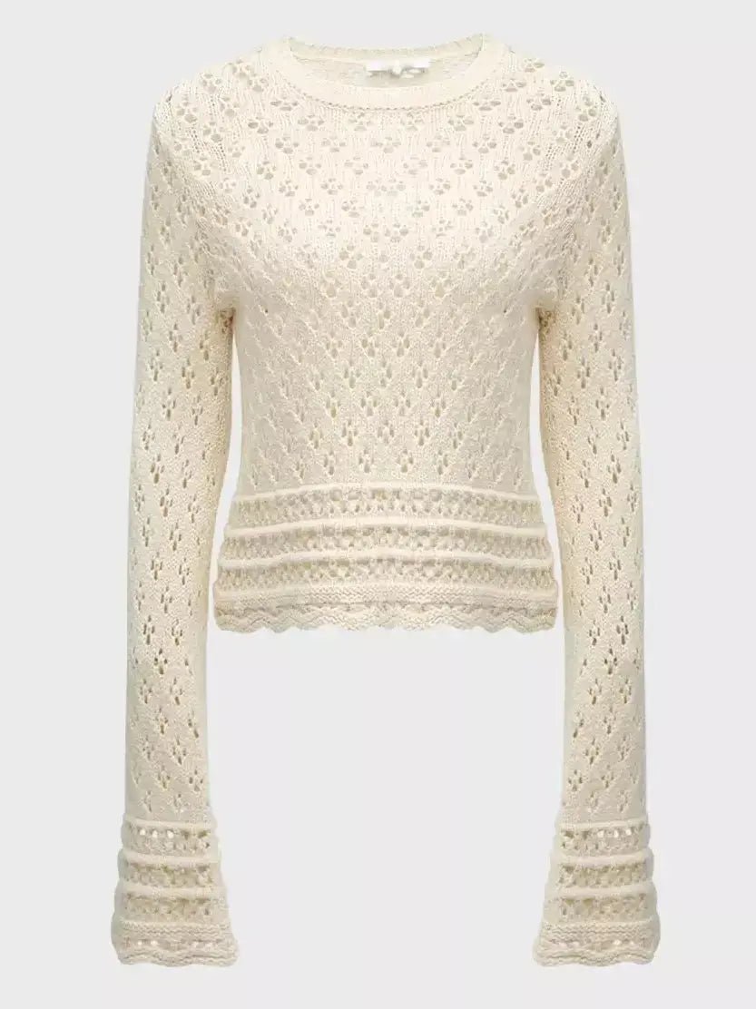 Bell-Sleeve Crochet Knit Ecru Sweater Branna Couture